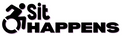 Black wheelchair icon with 'Sit Happens' text on a white background
